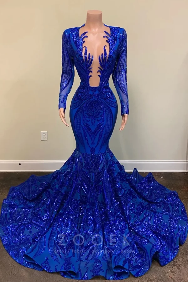 Jagged Plunging Neckline Unique Blue Sequin Prom Dress